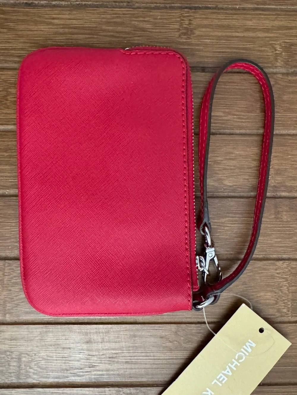 Michael Kors Red Saffiano Zip Wristlet with Metal Logo Plaque